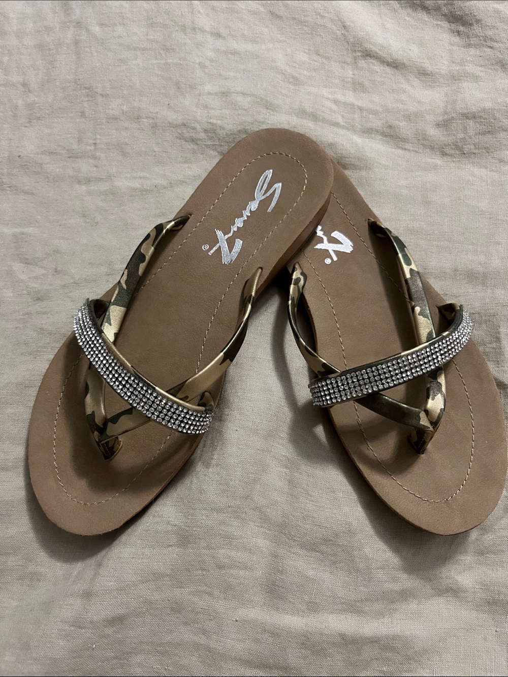 Seven7 Green & Gold Camo Rhinestone-Trim Flip Flop Sandals